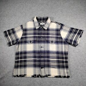 Buck Mason Plaid Shirt Mens Large Blue White Raw Hem Fringe Short Sleeve Flannel